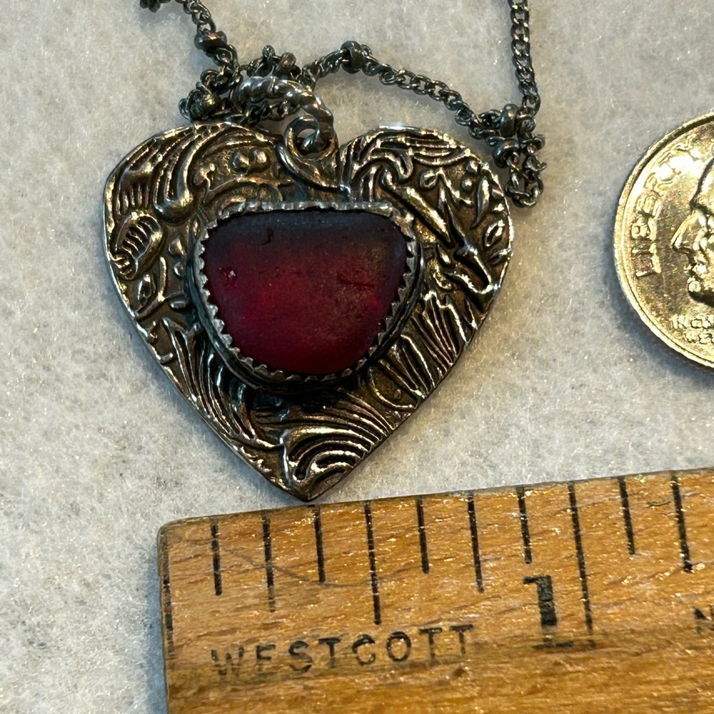 PMC Heart Pendant Red Seaglass Necklace sea beach glass - Picture 4 of 6